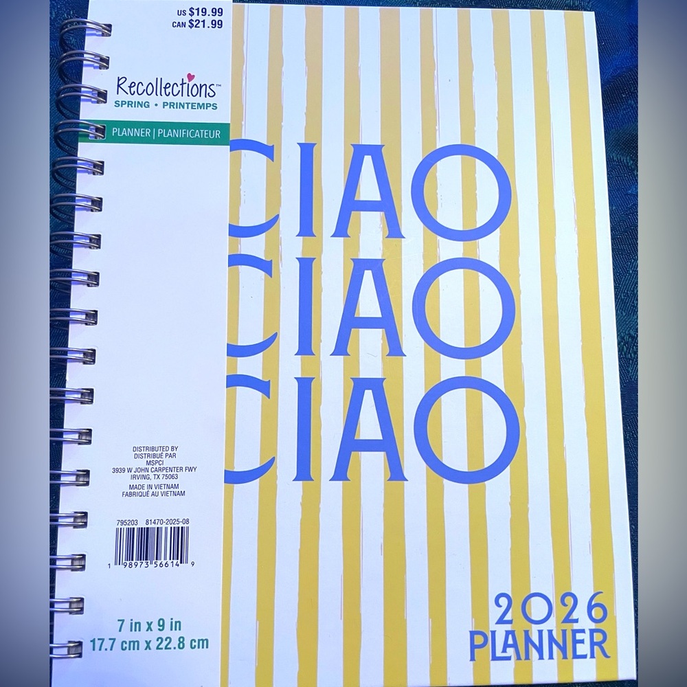 Hardcover CIAO Spiral 2026 Organizational Planner with Yellow Stripes, Travel